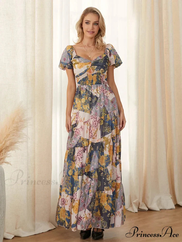 Vintage Flower Pattern Swing Puff Short Sleeve Sweetheart Neck A-Line Beach Dress