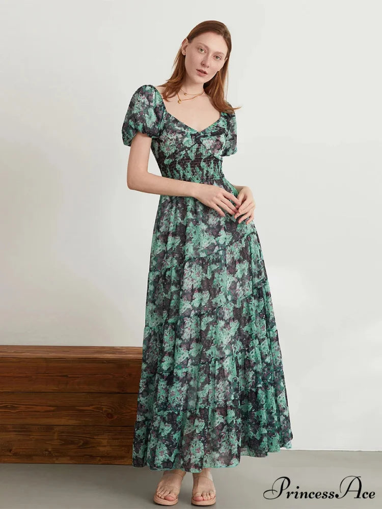 Vintage Flower Pattern Swing Puff Short Sleeve Sweetheart Neck A-Line Beach Dress