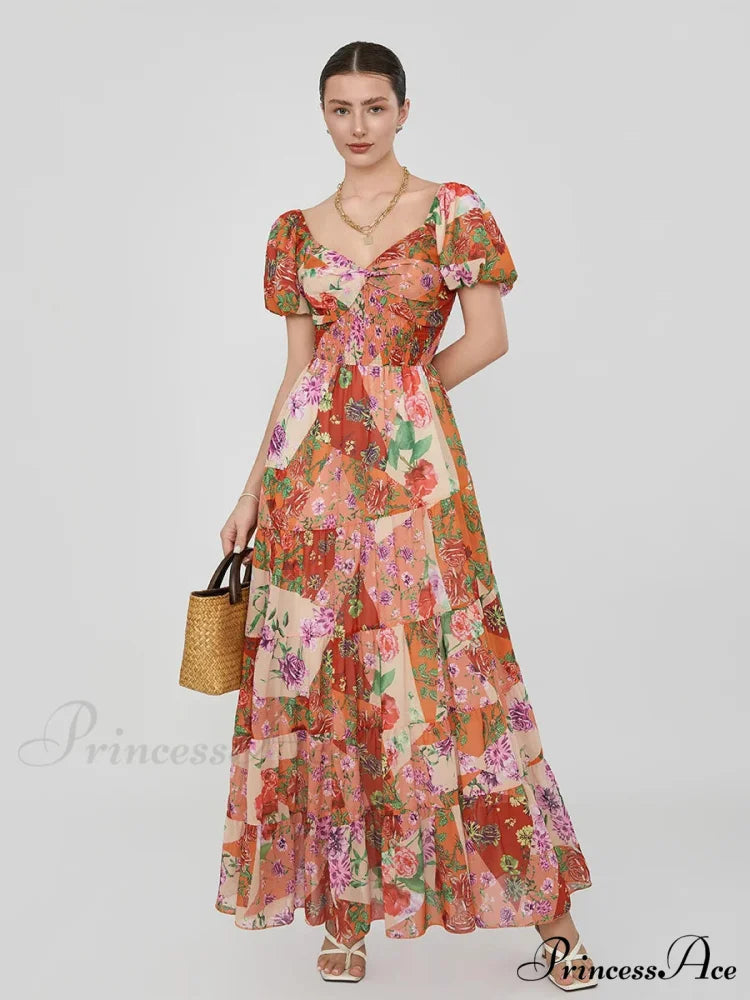 Vintage Flower Pattern Swing Puff Short Sleeve Sweetheart Neck A-Line Beach Dress