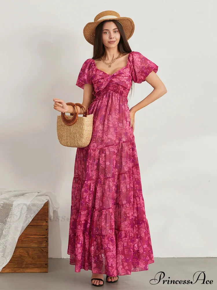 Vintage Flower Pattern Swing Puff Short Sleeve Sweetheart Neck A-Line Beach Dress