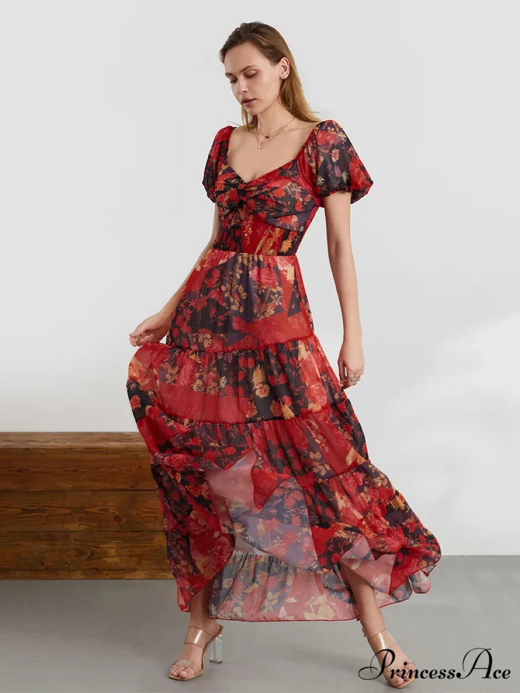 Vintage Flower Pattern Swing Puff Short Sleeve Sweetheart Neck A-Line Beach Dress