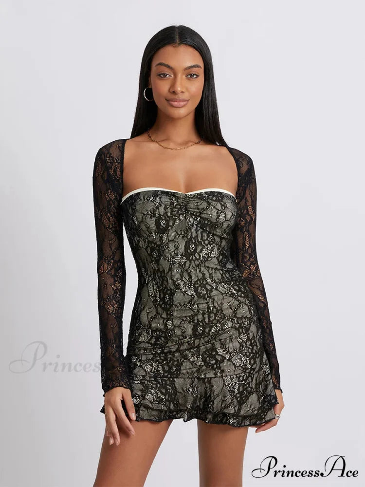 Vintage Lace Bandeau Frilled Mini Dress Extended Sleeve Shrug