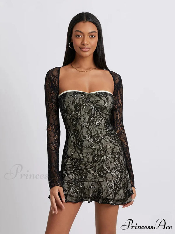 Vintage Lace Bandeau Frilled Mini Dress Extended Sleeve Shrug