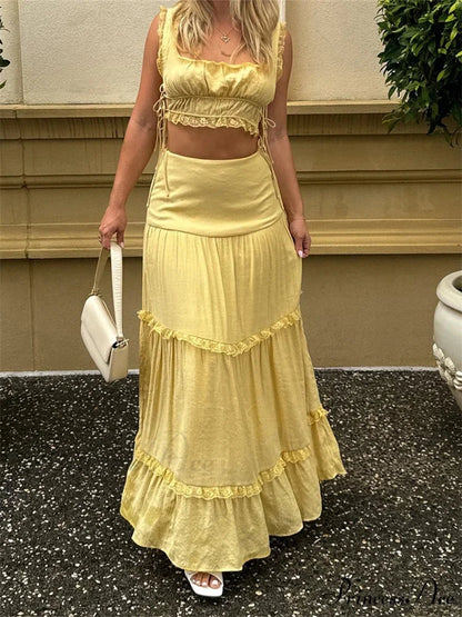 Vintage Lace Trim Sleeveless Square Neck Tank Crop Top with Long Skirt Set