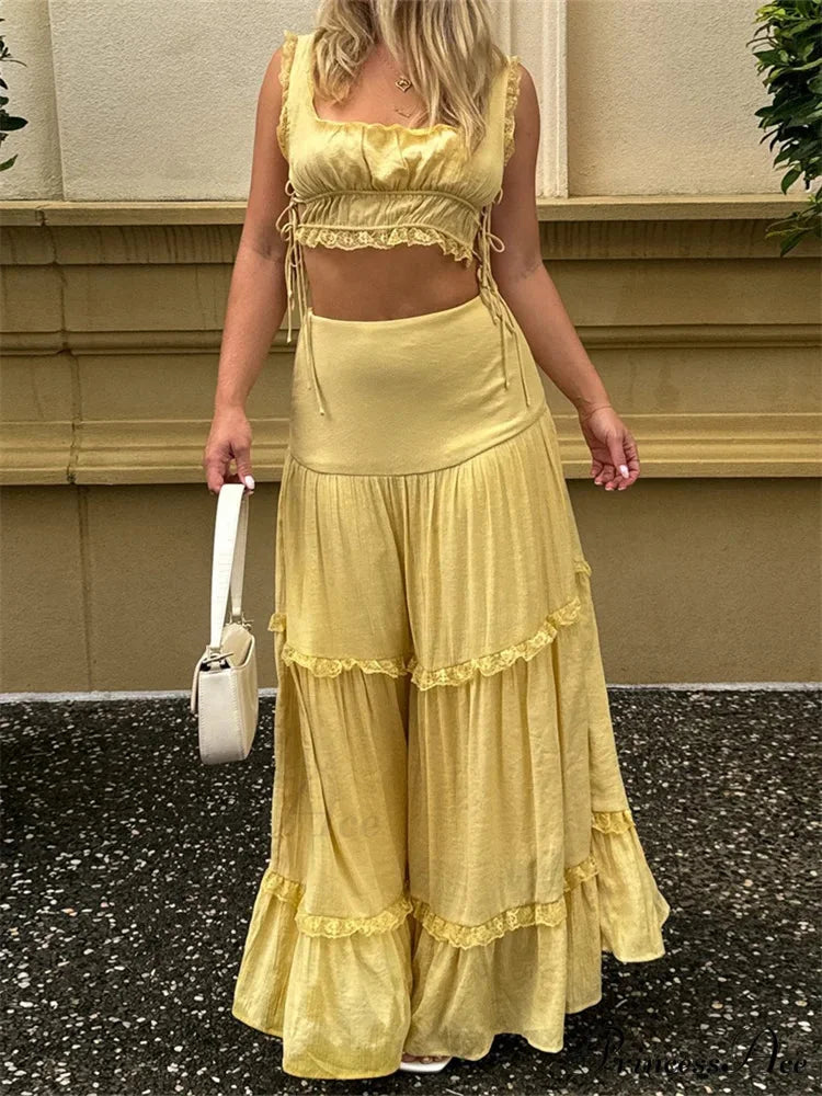 Vintage Lace Trim Sleeveless Square Neck Tank Crop Top with Long Skirt Set