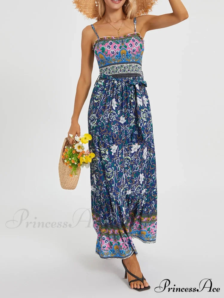 Vintage Retro Flower Swing Spaghetti Straps Cinched Long Flower Dress