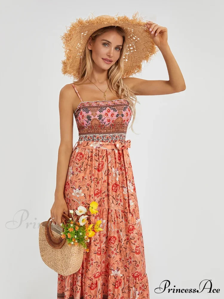 Vintage Retro Flower Swing Spaghetti Straps Cinched Long Flower Dress