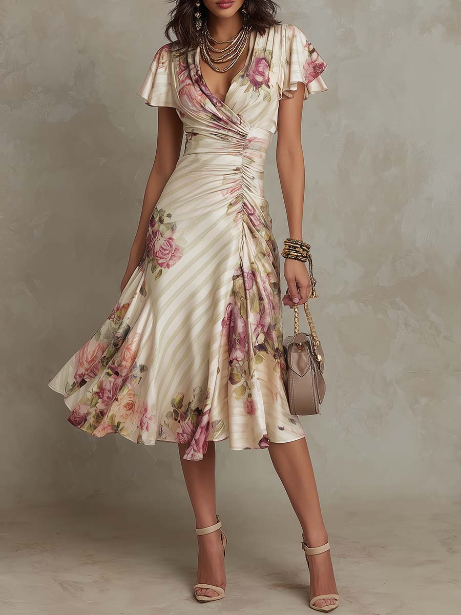 Floral Wrap Midi Dress with Flutter Sleeves- Wedding Guest