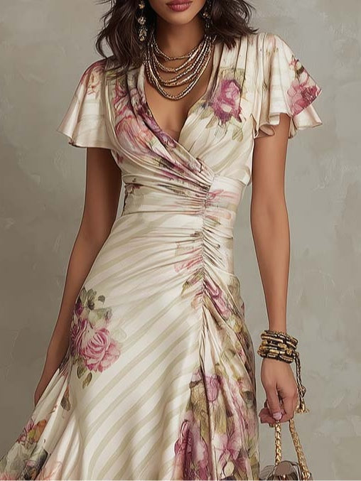 Floral Wrap Midi Dress with Flutter Sleeves- Wedding Guest