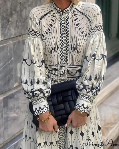 Vintage Stand Collar Cinched Bohemian Dress