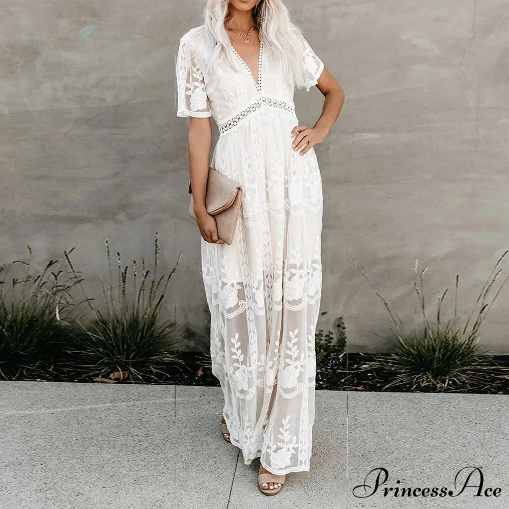 Vintage White Deep V-neck Summer Dress