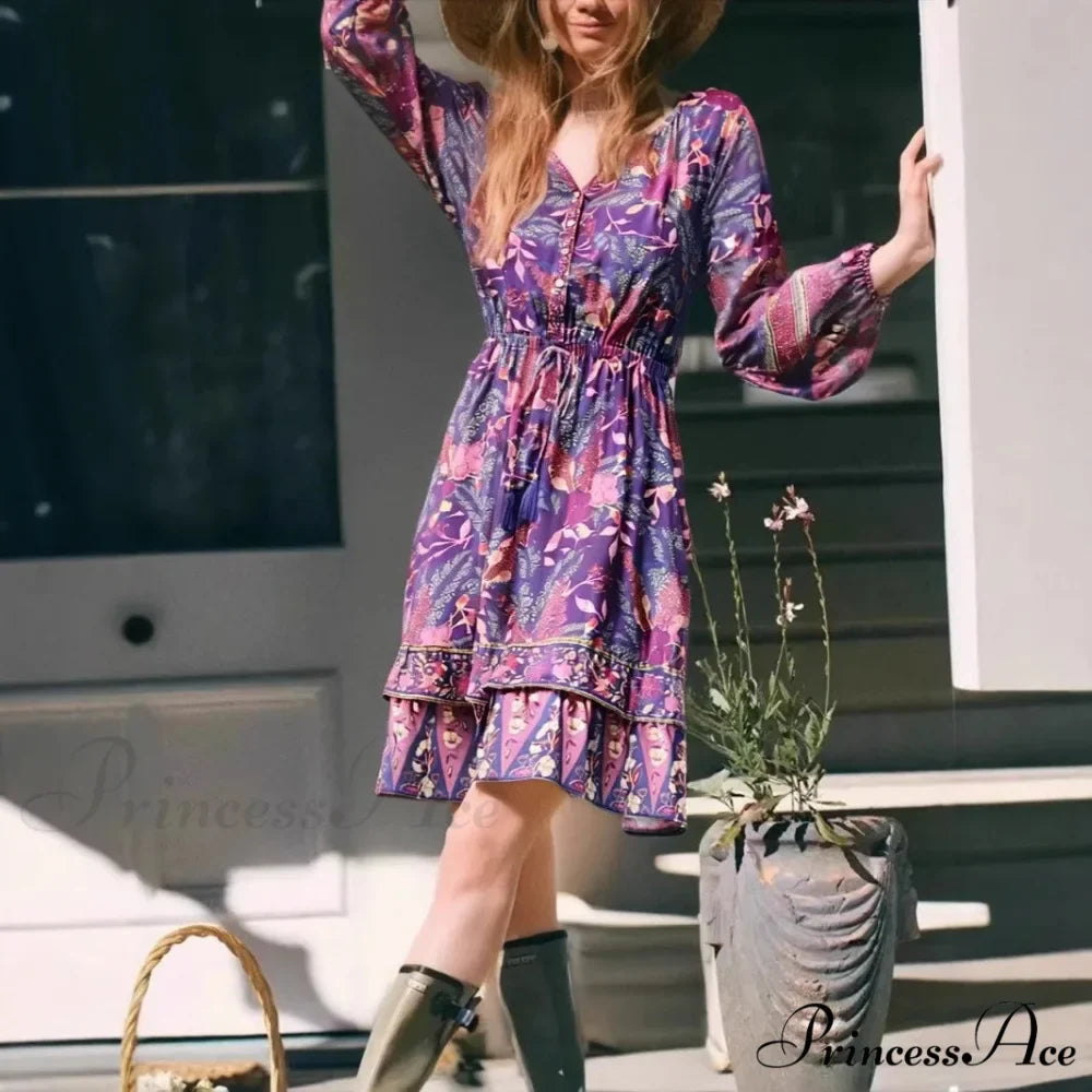 Violet Flowery Button Frills Bohemian Short Dress