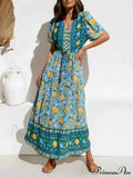 Violet Flowery Pattern Button V-neck Pleated Rayon Holiday Maxi Boho Dress