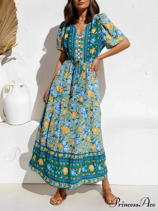 Violet Flowery Pattern Button V-neck Pleated Rayon Holiday Maxi Boho Dress