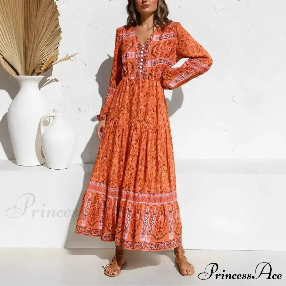 Violet Flowery Pattern Lantern Sleeve V-neck Rayon Maxi Boho Dress