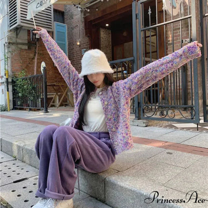 Violet Flowery Relaxed Breeze Open Weave Cardigan