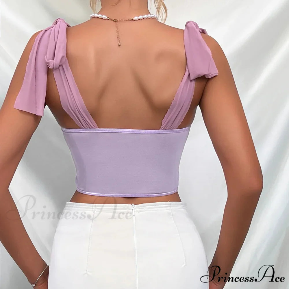 Violet Lace Ribbon Shoulder Strap Fishbone Crop Top