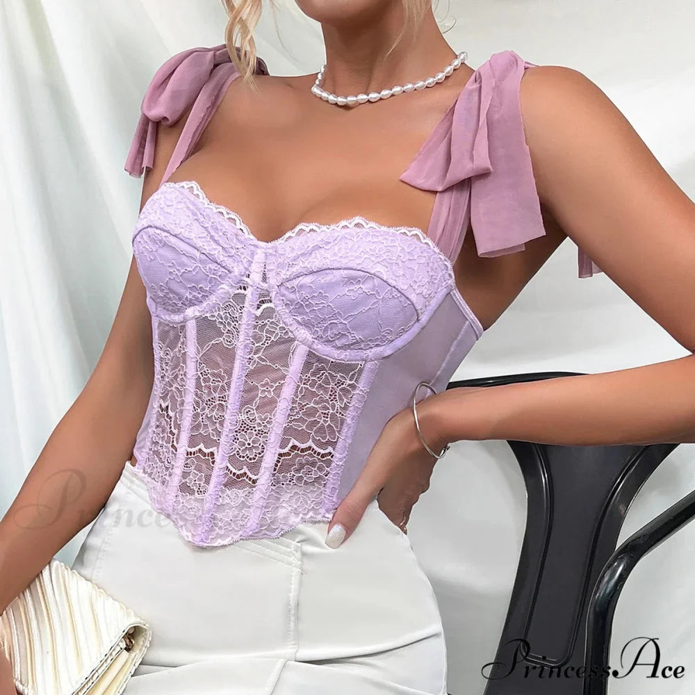 Violet Lace Ribbon Shoulder Strap Fishbone Crop Top