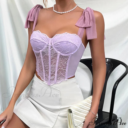 Violet Lace Ribbon Shoulder Strap Fishbone Crop Top
