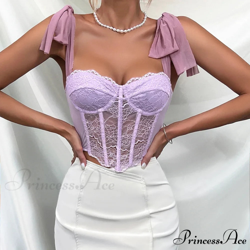 Violet Lace Ribbon Shoulder Strap Fishbone Crop Top