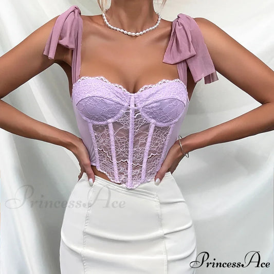 Violet Lace Ribbon Shoulder Strap Fishbone Crop Top