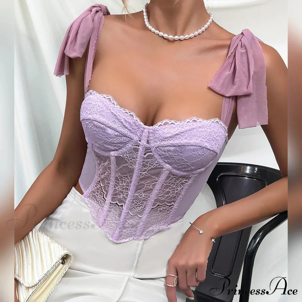 Violet Lace Ribbon Shoulder Strap Fishbone Crop Top