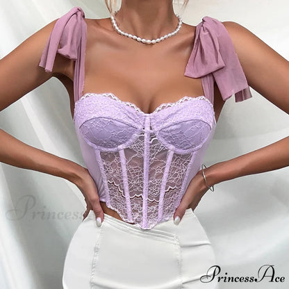 Violet Lace Ribbon Shoulder Strap Fishbone Crop Top