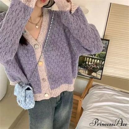 Violet Patchwork Baggy Soft V-Neck Knitted Cardigan