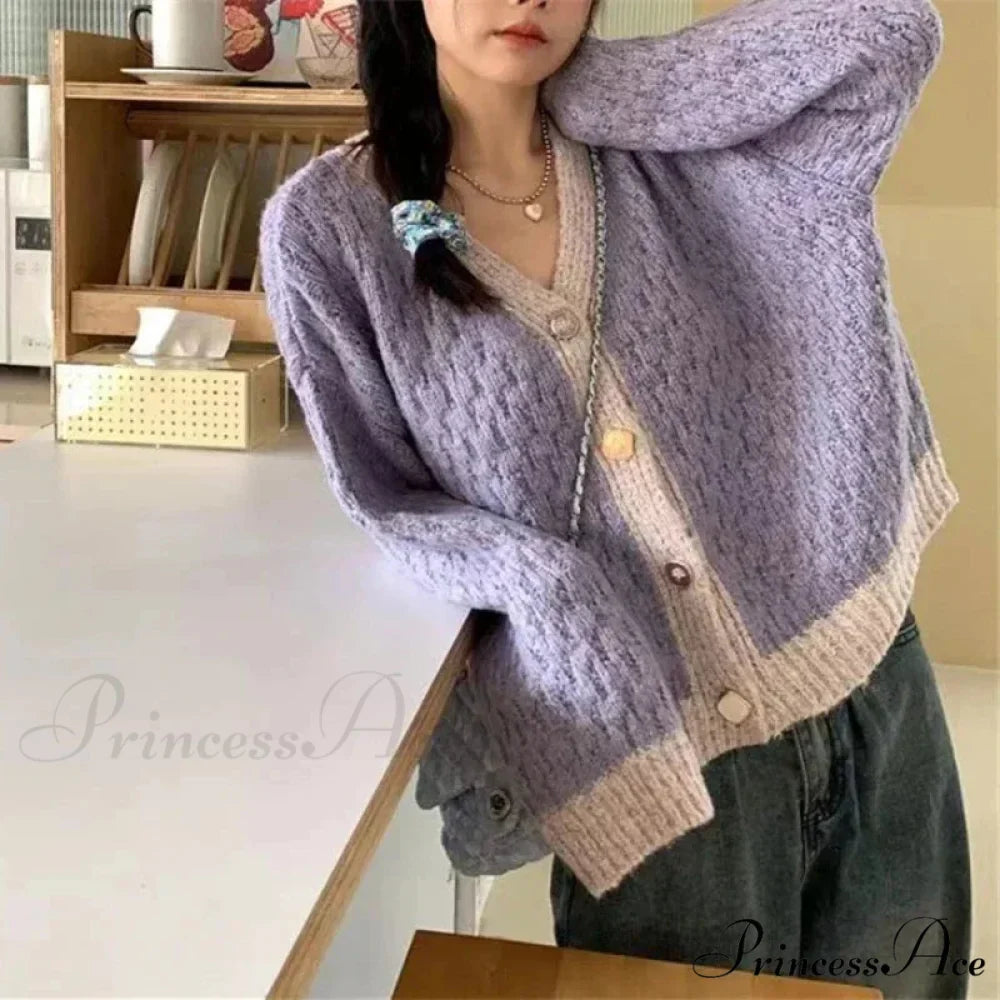 Violet Patchwork Baggy Soft V-Neck Knitted Cardigan
