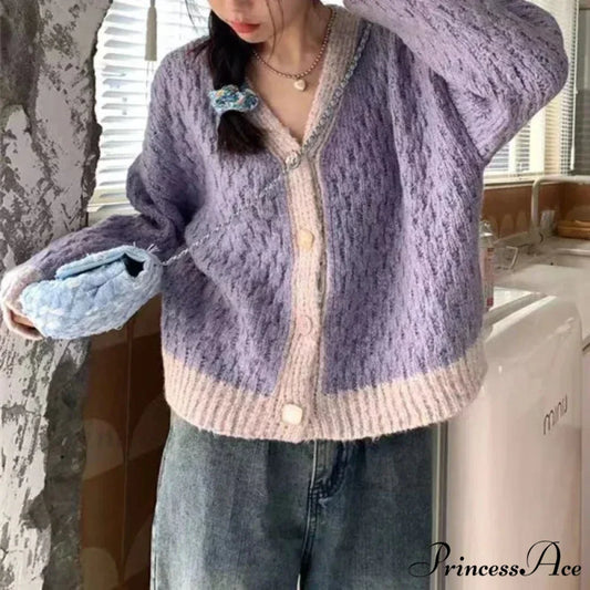 Violet Patchwork Baggy Soft V-Neck Knitted Cardigan