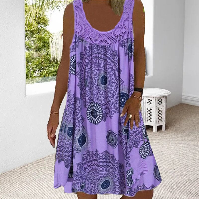 Mandala Print Lace Yoke Scoop Neck Sleeveless Boho Midi Dress