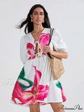 Voluminous Sleeve Knot A-Line Short Floral Dress