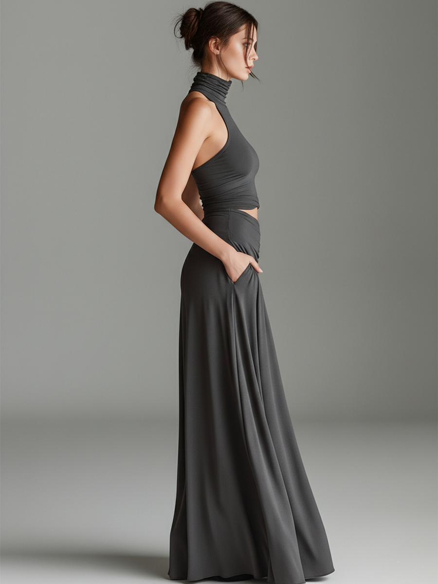 Cut Out Waist Turtleneck Halter Neck Flowy Maxi Dress - Formal Evening Gown