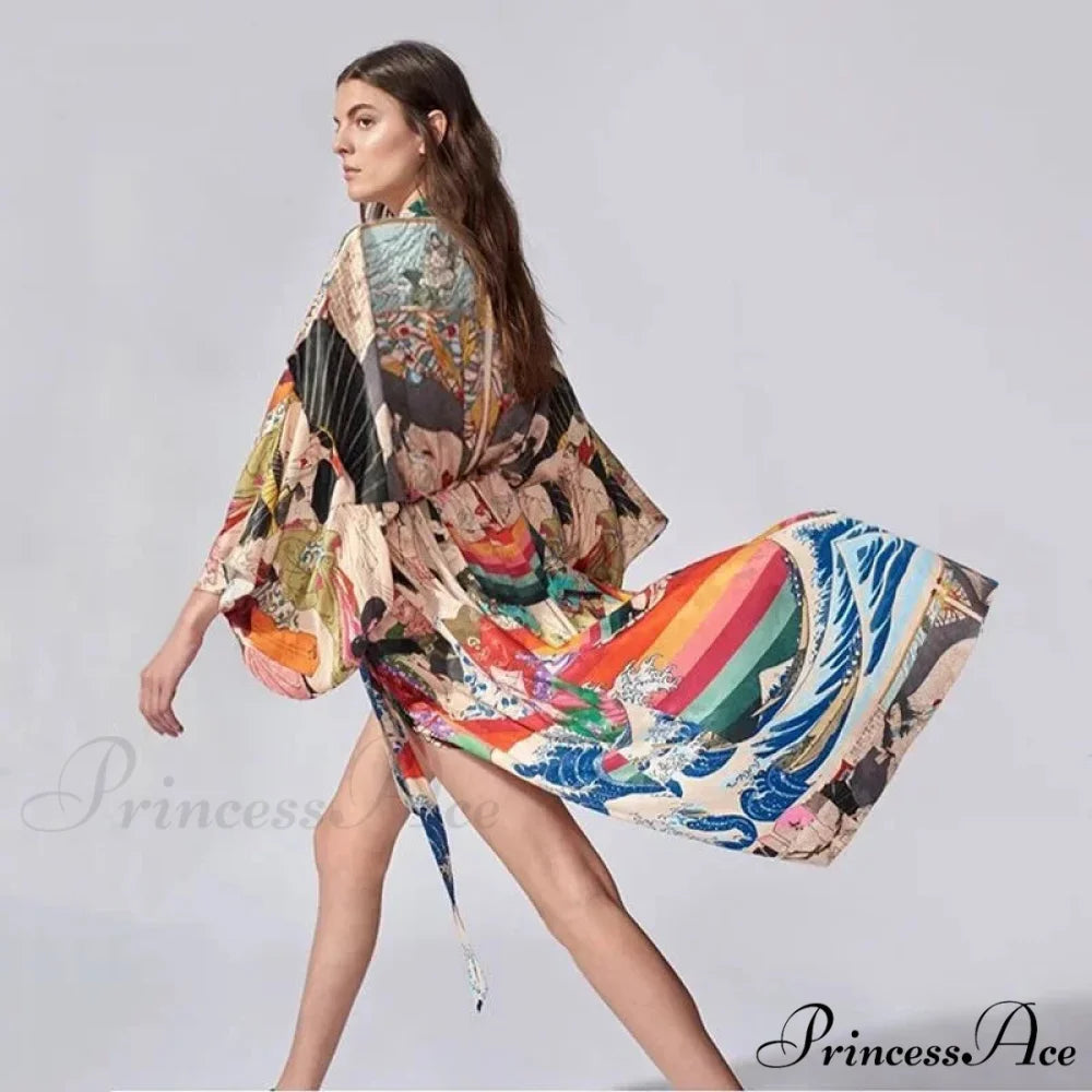 Warm Kimono Swimsuit Cover Up Bohemian Beach Stylish Flower Pattern