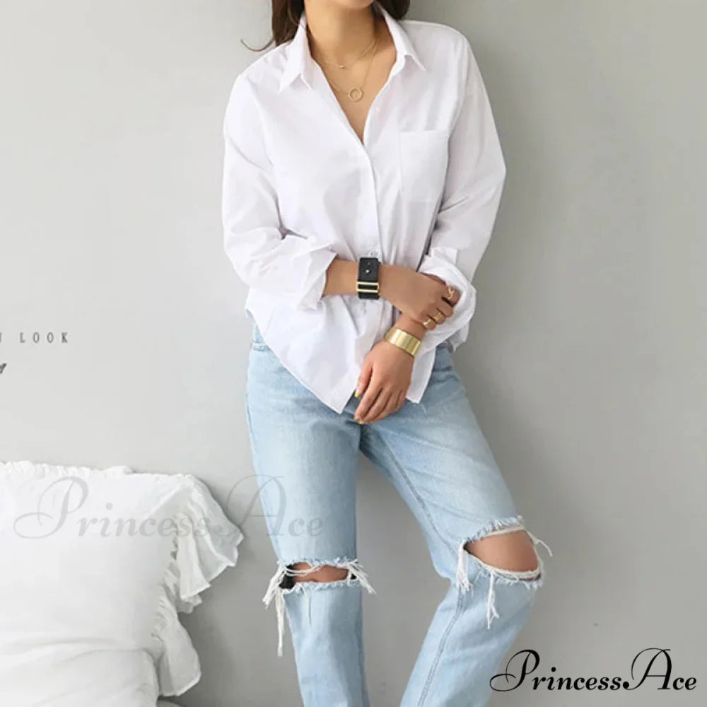 White Cotton Extended Sleeve Informal Women's Top