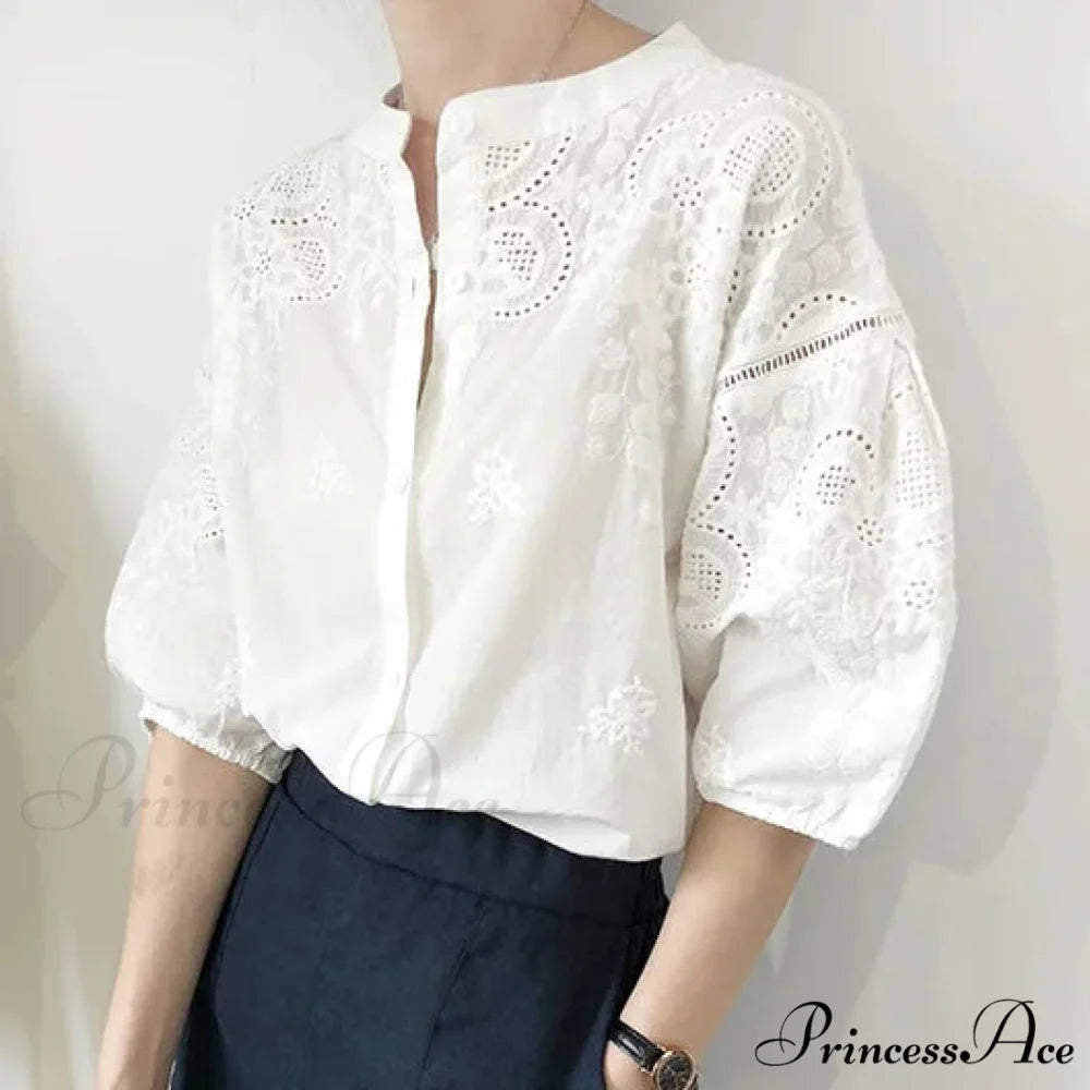 White Cotton Floral Embroidery Vintage Boho Summer Blouse

Modified Title: Ivory Cotton Flower Stitching Retro Bohemian Seasonal Top