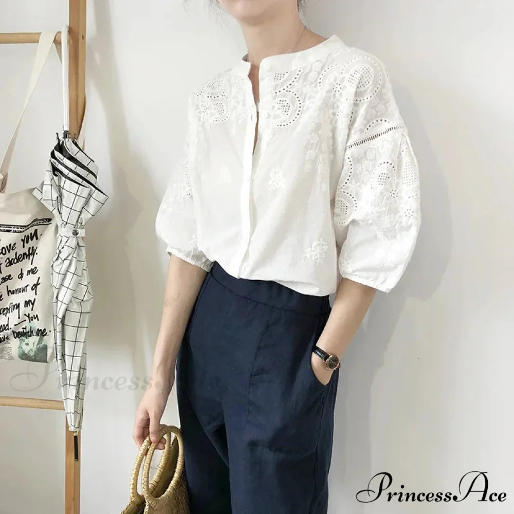 White Cotton Floral Embroidery Vintage Boho Summer Blouse

Modified Title: Ivory Cotton Flower Stitching Retro Bohemian Seasonal Top