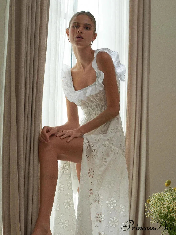 White Cotton Floral Lace Long Dress