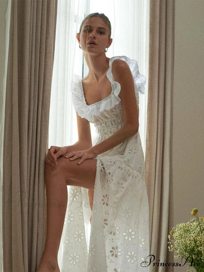 White Cotton Floral Lace Long Dress