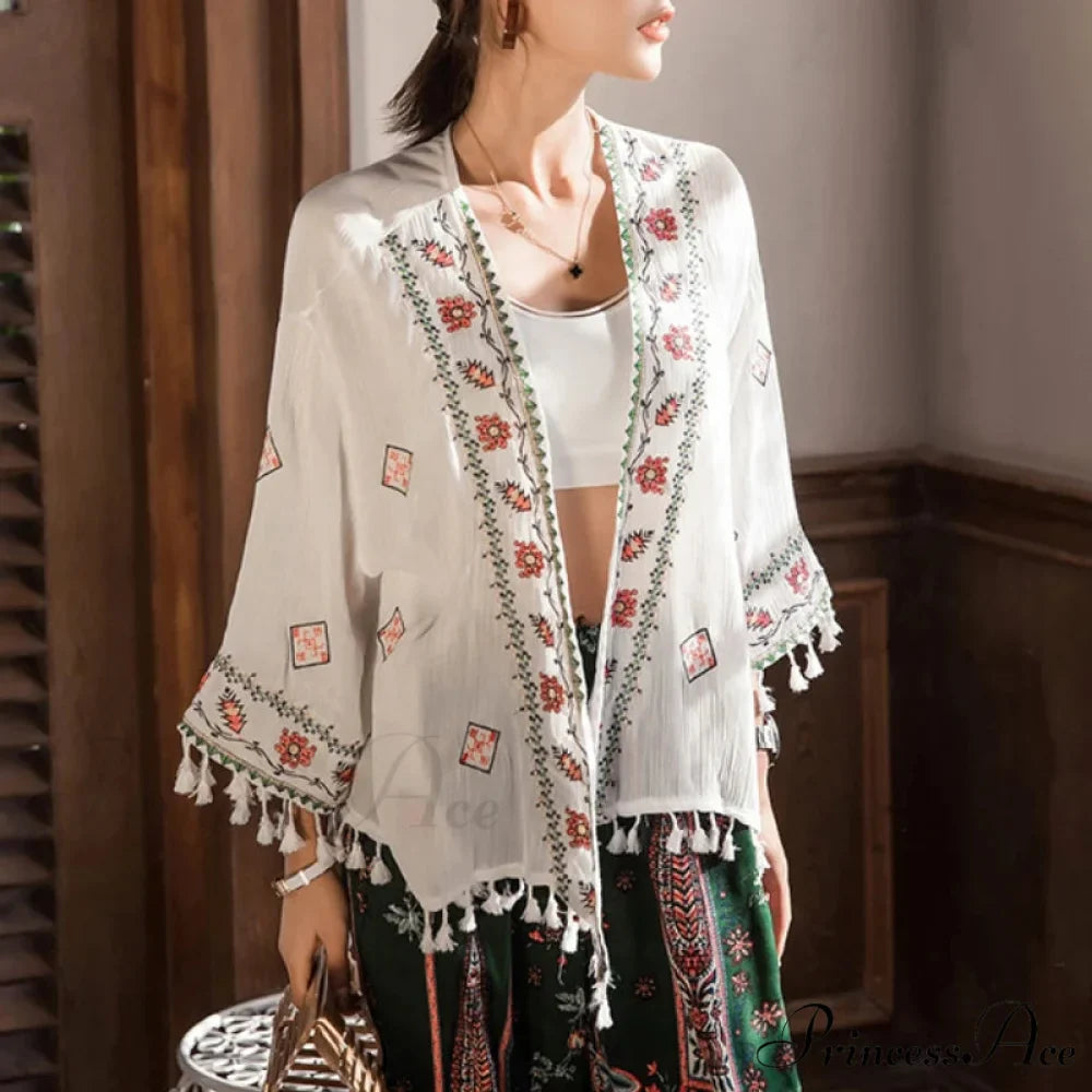 White Cotton Rayon Floral Embroidery Beach Cover up

Modified Title: Ivory Cotton Rayon Botanical Stitching Beach Cover up