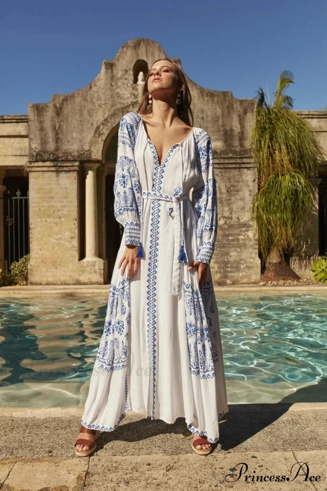 White Decorated Cotton Full-Length Dress