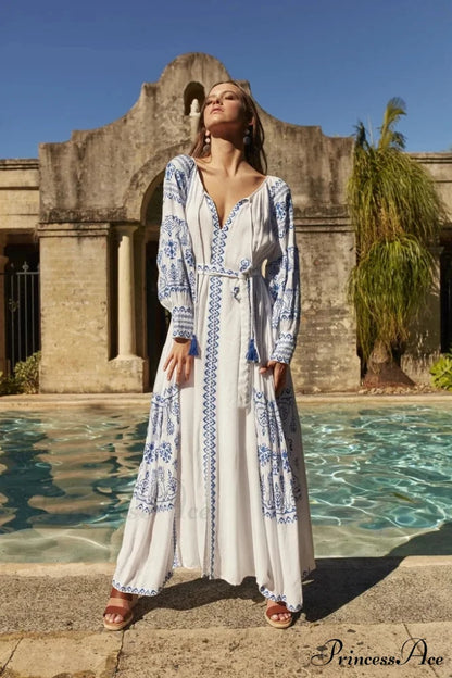 White Decorated Cotton Full-Length Dress