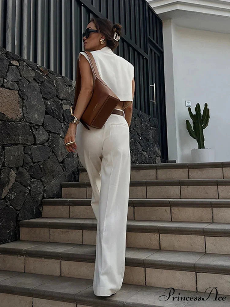 Woman wearing Sleeveless Deep-Neck Wide-Leg Set from Hicosy — view 2