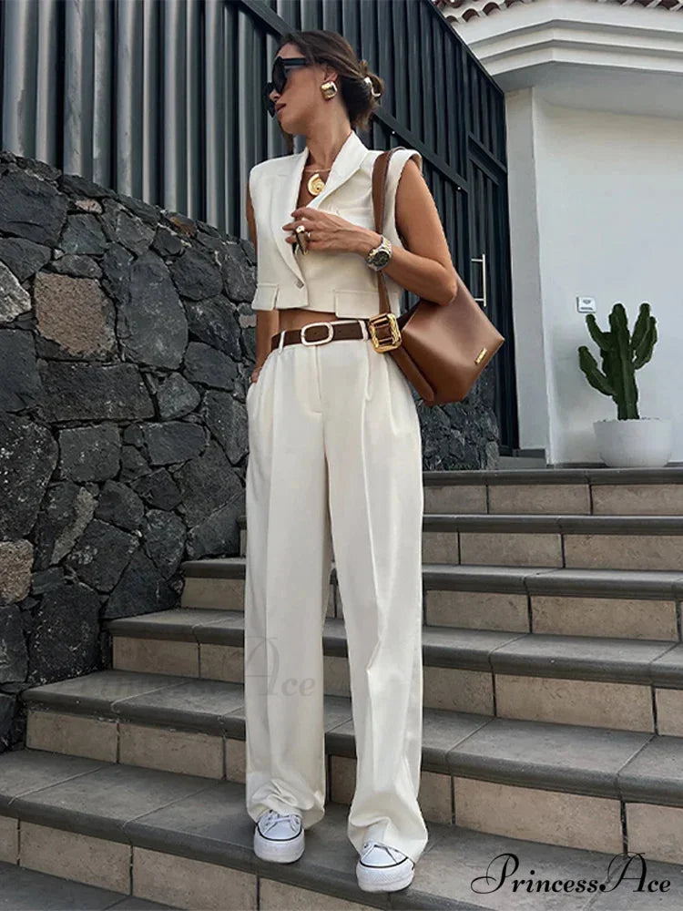 Woman wearing Sleeveless Deep-Neck Wide-Leg Set from Hicosy