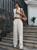 Woman wearing Sleeveless Deep-Neck Wide-Leg Set from Hicosy