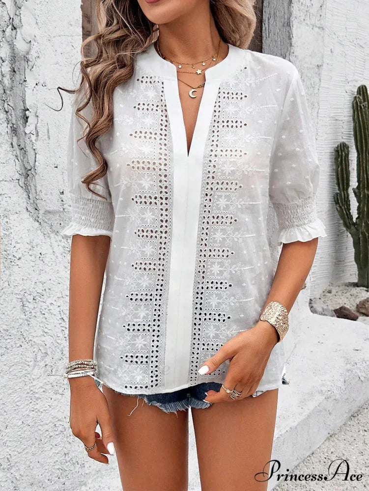 White Floral Embroidery Hollow Out Cotton Boho Blouse

Modified Title: Ivory Blossom Stitching Cutout Cotton Bohemian Top