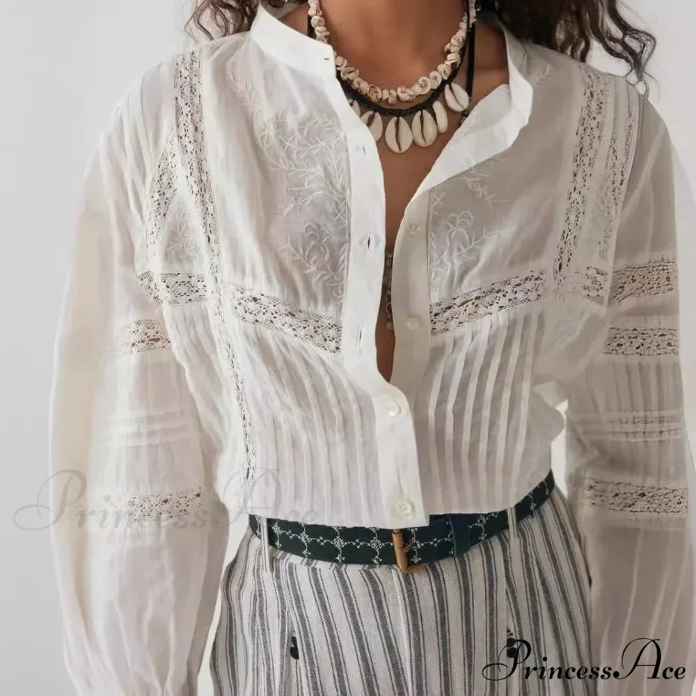 White Floral Embroidery Lace Extended Sleeve Boho Top