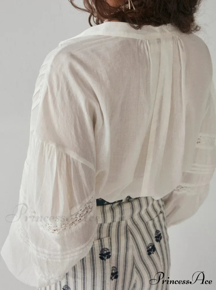 White Floral Embroidery Lace Extended Sleeve Boho Top