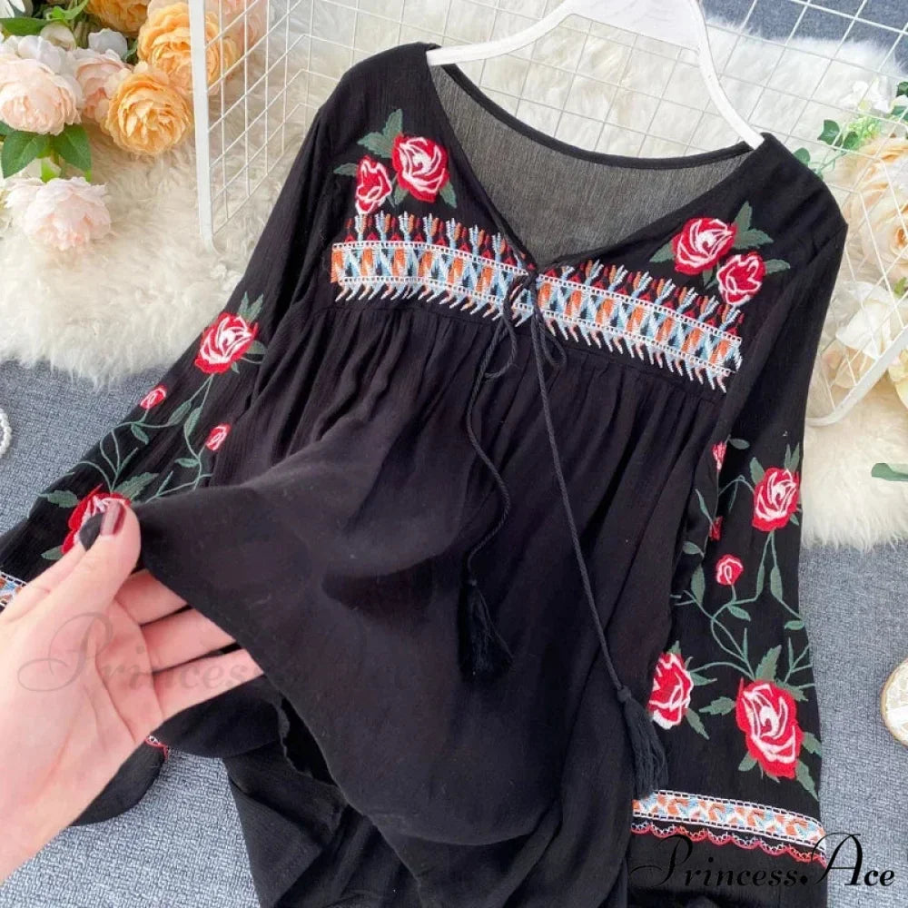 White Floral Stitching Puff Sleeve Baggy Boho Top