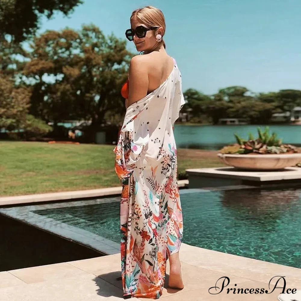 White Flowery Print Baggy Kimono Beach Cover up